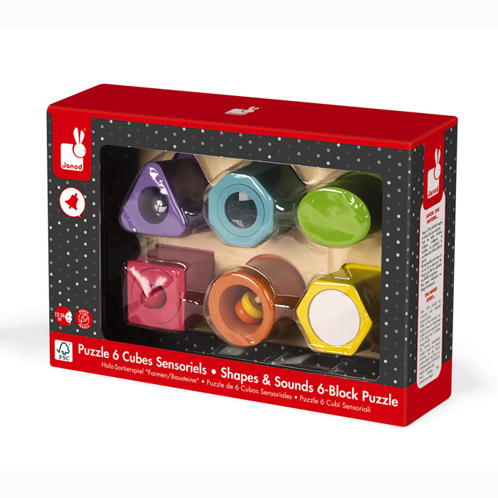 Janod Shapes and Sounds 6 Block Puzzle Cognitive Developmental Toys for Toddlers Gifts Idea Best Seller 12m+
