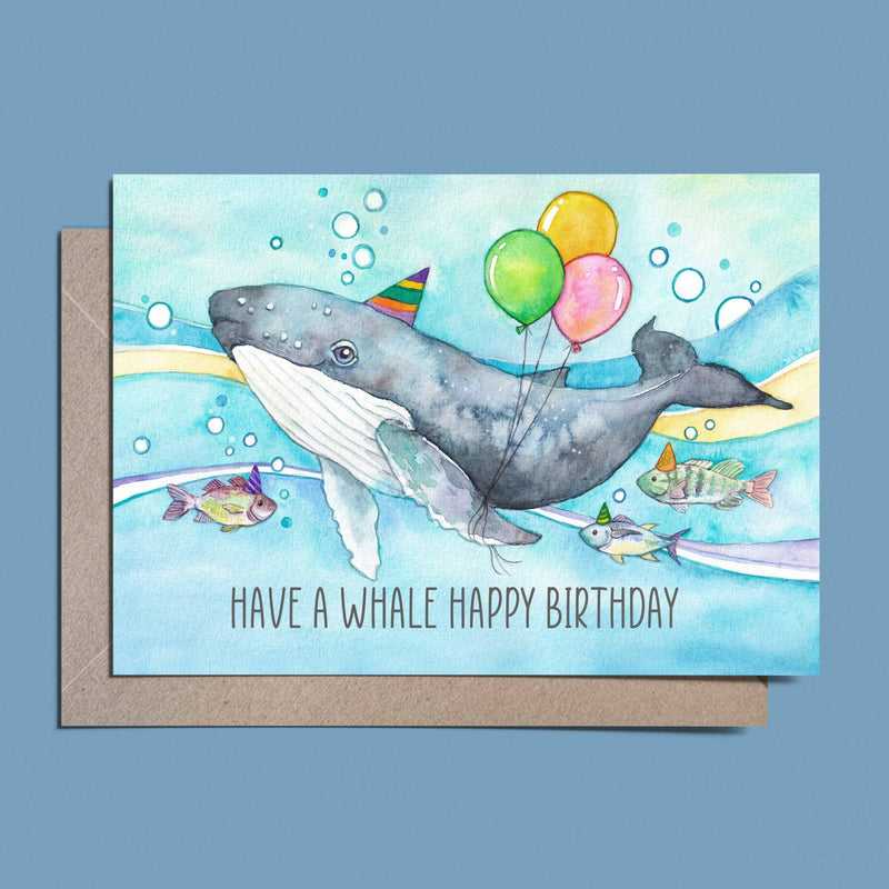 Whale Birthday Card Have A Whale Happy Birthday by Watercolour By Cat