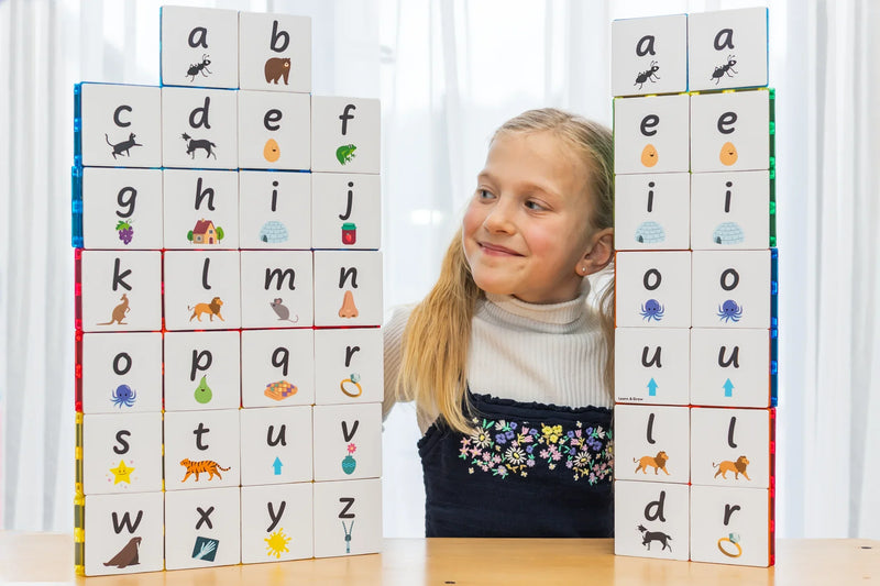 Learn and Grow Toys Magnetic Tiles Topper Alphabet Lower Case Pack 40 Piece Cognitive Language Early Literacy Phonics Best Seller 3yrs+