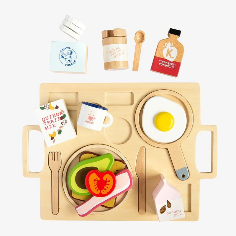 Make Me Iconic Wooden Healthy Tummy Breakfast Tray 21pc Set Play Kitchen Role Play Pretend and Imaginative Play 3yrs+