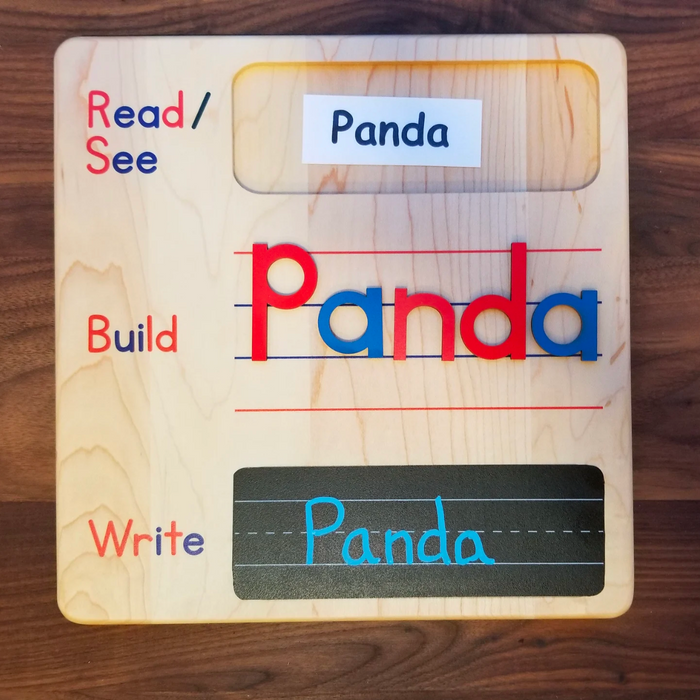 Montessori Wooden Read, Build, Write Board with chalkboard writing area