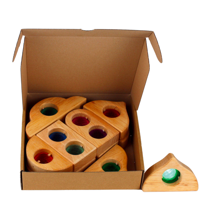 Bauspiel Fairy Tale Window Natural with Translucent Coloured Pane 12pcs Building Blocks Wooden Toys 3yrs+