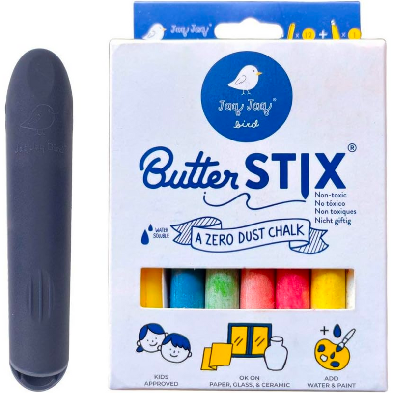 Jaq Jaq Bird ButterStix Zero Dust Chalk 12pc Assorted Colours with Holder Stationary Art and craft for kids 3yrs+