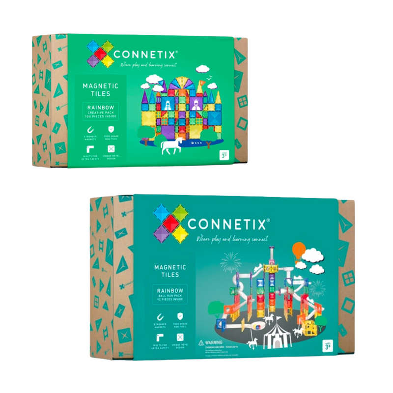 Connetix Tiles Rainbow BEST SELLER BUNDLE Creative Pack 102 Piece + Ball Run 92 Piece 3yrs+