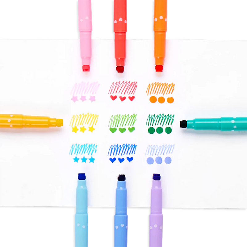 Ooly 9 Double Sided Felt tip Pens with Stamps Confetti Stationary Art and craft for kids 6yrs+