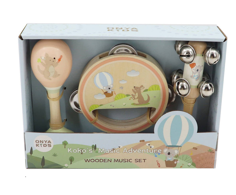 KoKo's Music Adventure Wooden My First Instrument set Koala & Kangaroo Australian Themed Design 3pcs Musical Instrument for kids Baby Toys Gift Idea for 18m+
