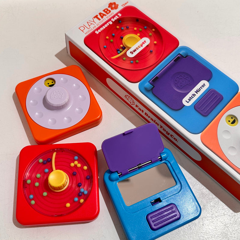PlayTab Sensory Tiles 2025 Set 3 Latch Mirror Blue, Picture Dial orange, Sweeper red, by Fat Brain Toys Sensory Toys Motor Skills Developmental Toys for Toddlers Baby Toys Best Seller 12m+