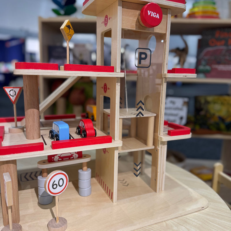 Viga Toys Wooden Multi Level Parking Garage and Gas Station Wooden Toys Car Garage 3yrs+ (Bulky Shipping)