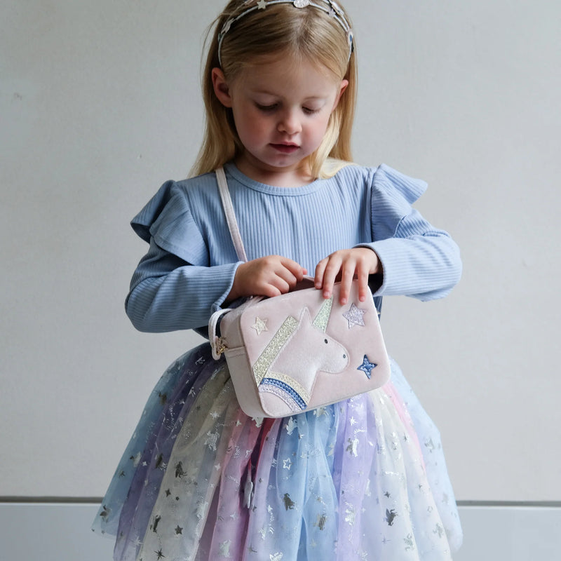 Unicorn Boxy Hard Shell Glitter and Metallic Fabrics Pink Bag Fairy Unicorn and Castle Theme Gift Idea for 3yrs+