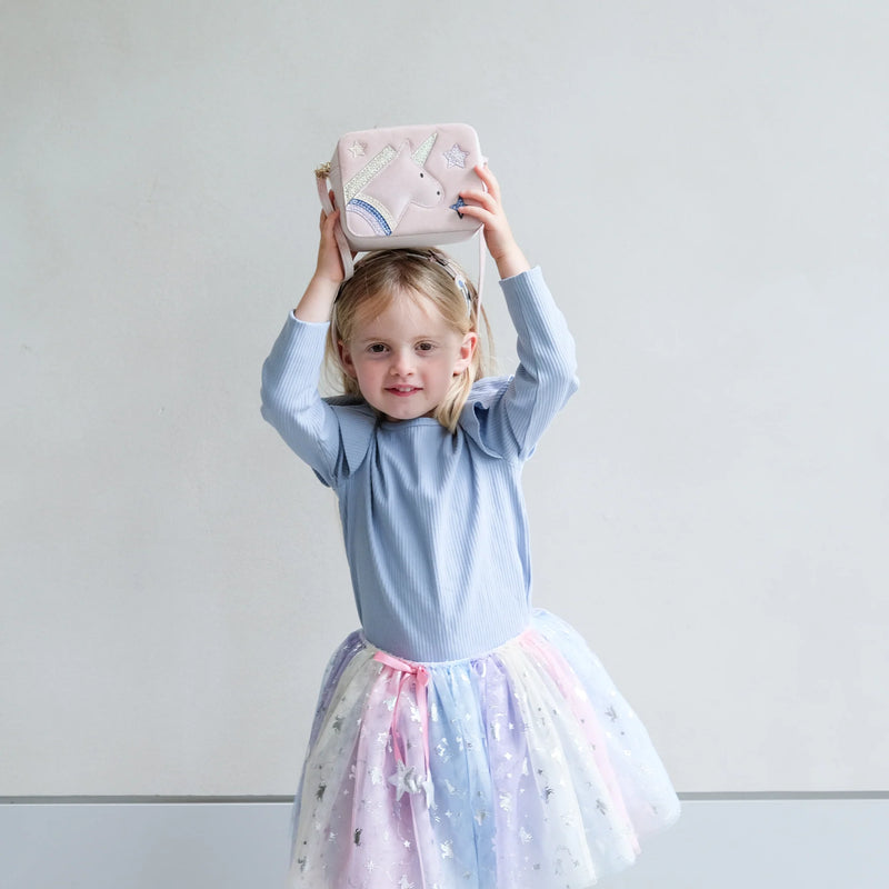 Unicorn Boxy Hard Shell Glitter and Metallic Fabrics Pink Bag Fairy Unicorn and Castle Theme Gift Idea for 3yrs+