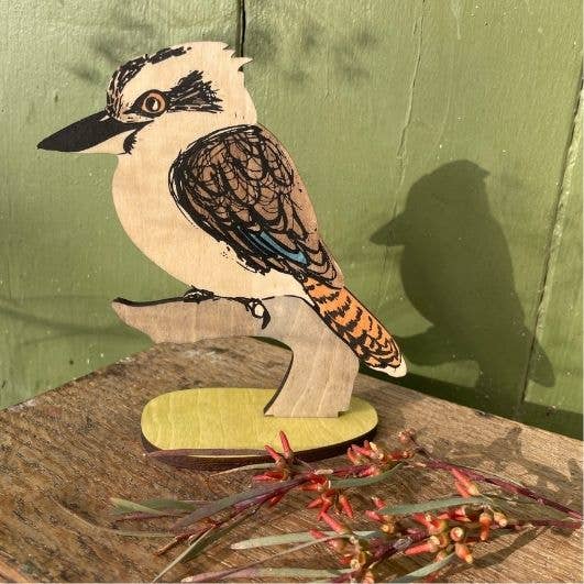 Bridget Farmer Printmaker Laughing Kookaburra Wooden Standing Bird Figurine Ornament