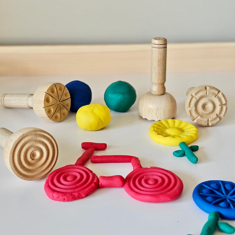 Wooden Dough Stampers Set of 4 Playdough Sand Toys Art and Craft for Kids 3yrs+