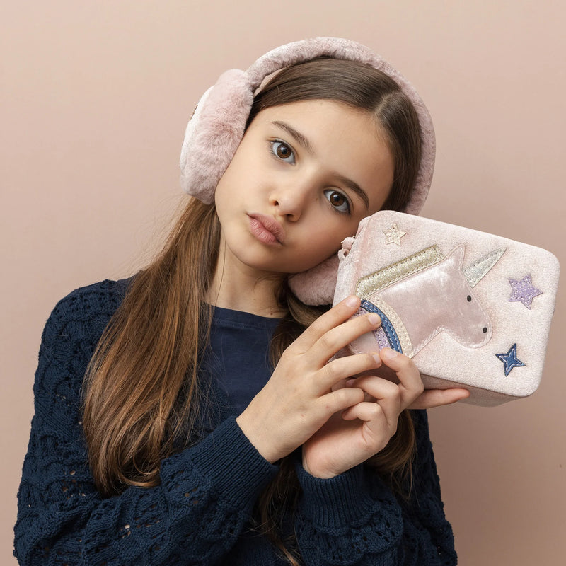 Unicorn Boxy Hard Shell Glitter and Metallic Fabrics Pink Bag Fairy Unicorn and Castle Theme Gift Idea for 3yrs+