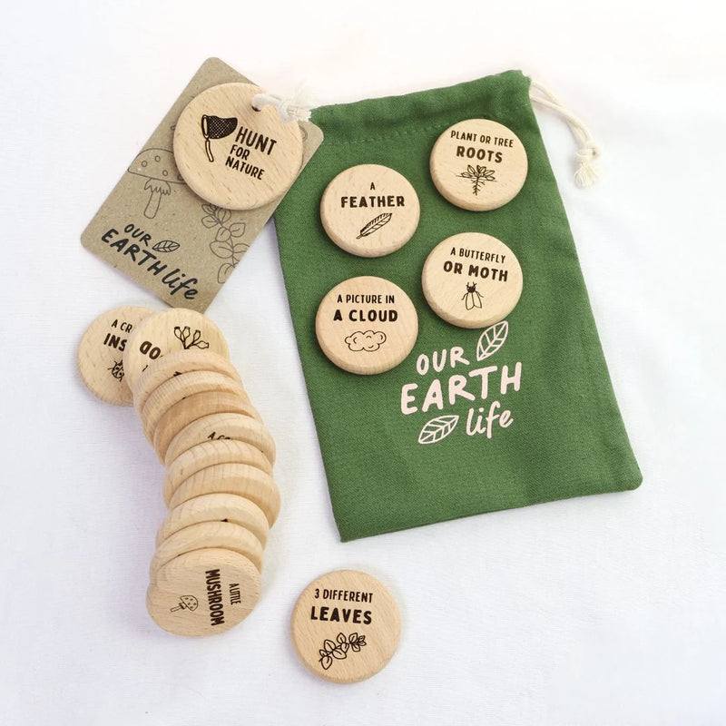Nature Scavenger Hunt Wooden Tokens by Our Earth Life 16pcs Outdoor Activity Travel Toys 3yrs+