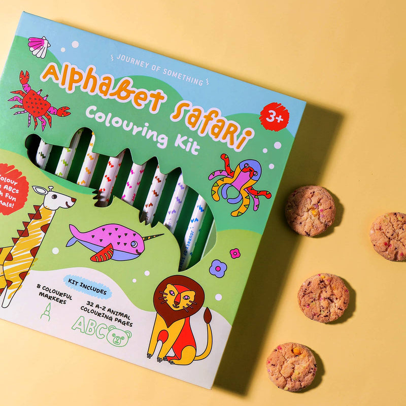 Alphabet Safari Colouring Activity Kit with 8 Markers and 32 Colouring Pages by Journey Of Something Art and Craft for Kids Travel Toys Early Literacy 3yrs+