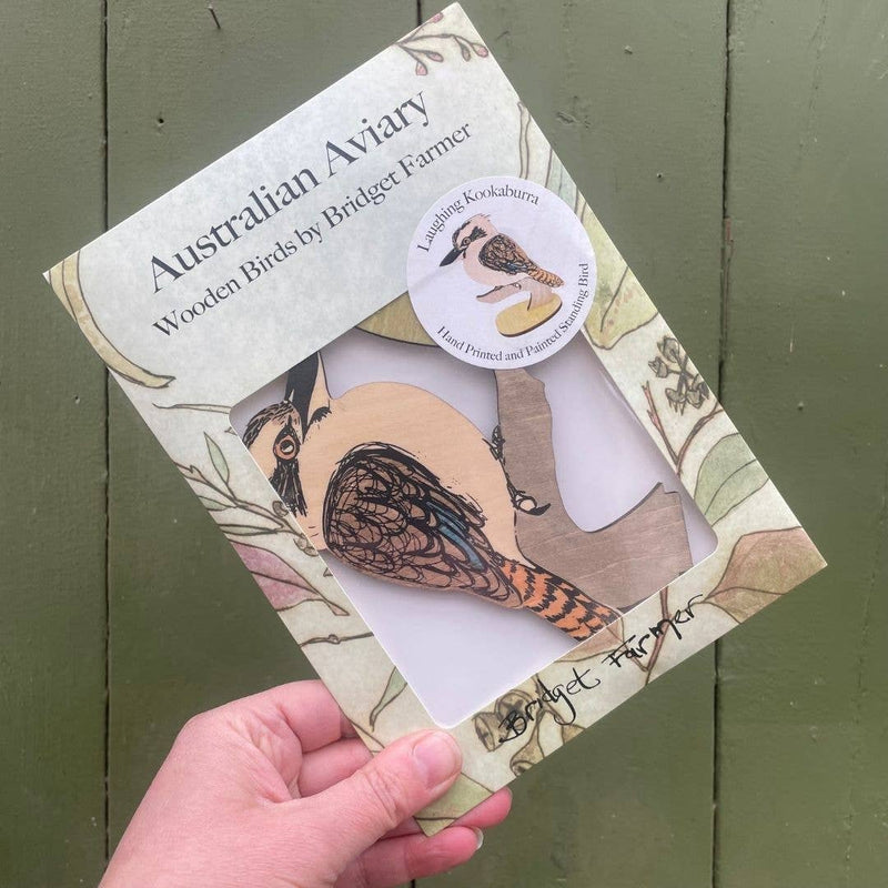 Bridget Farmer Printmaker Laughing Kookaburra Wooden Standing Bird Figurine Ornament