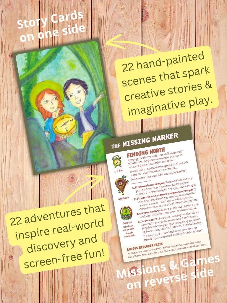 Bush Adventure Cards for Nature Explorers 22pcs by Gumnut Trails Missions, Games and Story Cards Outdoor Travel Toys Storytelling 3yrs+