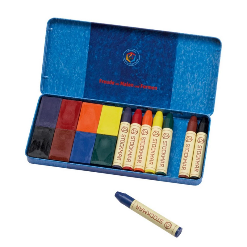 Stockmar Crayon Pure Beeswax 8 Sticks + 8 Blocks in Tin Waldorf Education Mix Stationary Art and craft for kids 3yrs+