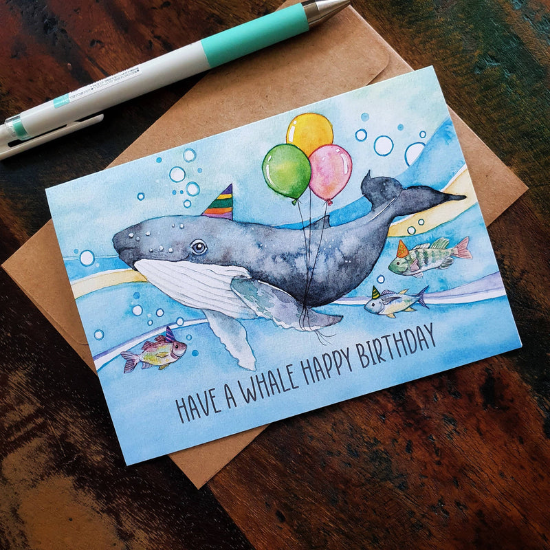 Whale Birthday Card Have A Whale Happy Birthday by Watercolour By Cat