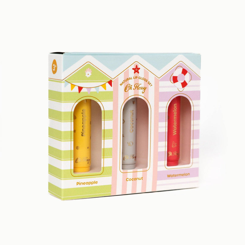 Oh Flossy Beach Club Natural Lip Gloss Set of 3 Fruity Flavours Kids Makeup Set Gift Idea for 3yrs+