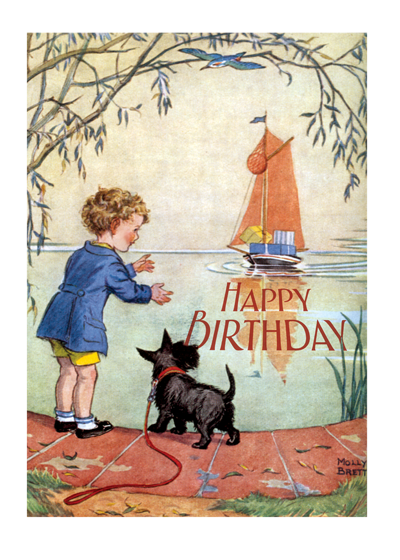 A Boy and a Scottie Dog Awaiting a Boat Kids Birthday Card By Laughing Elephant