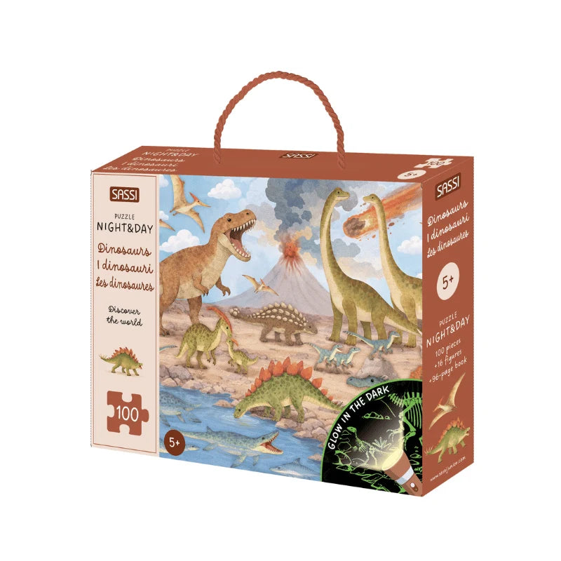 Glow in the Dark Day and Night Dinosaurs 100pc Puzzle and Book Set by Sassi Cognitive Developmental Toys Gifting Idea 5yrs+