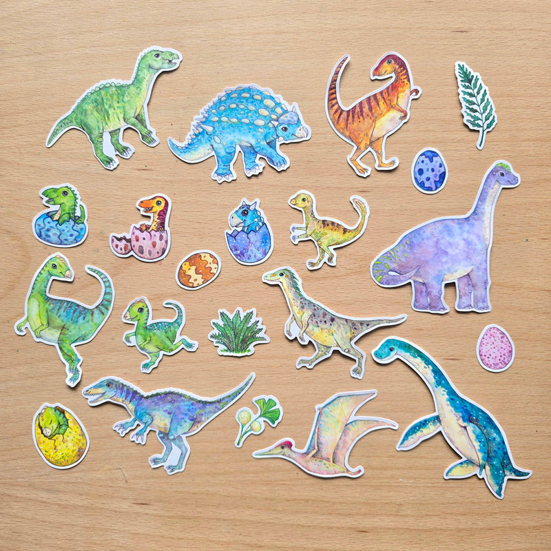 Australian Dinosaur Small Vinyl Waterproof Sticker 21pcs FULL pack by Watercolour By Cat Original Artworks