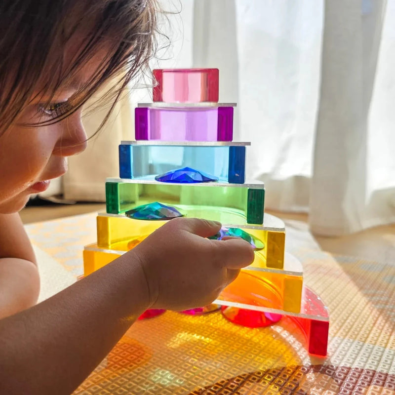 My Little Creator Lucite Rainbow Stacking 7pcs + Glitter Acrylic 6pcs Arch Set Luminous Building Blocks 18m+