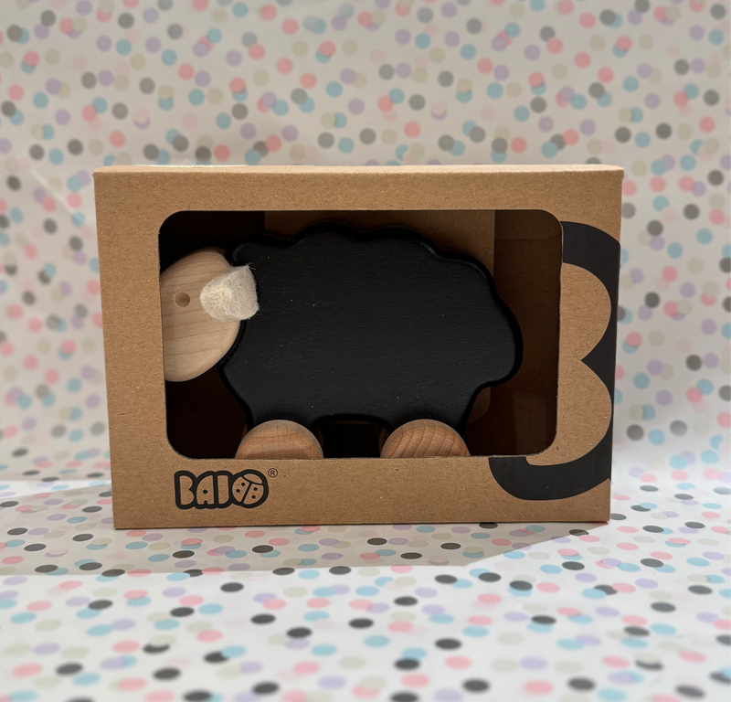 Black Sheep with White Face Wooden Push Along Roller by Bajo Developmental Toys for Toddlers Baby Toys 12m+