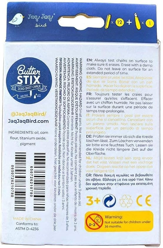 Jaq Jaq Bird ButterStix Zero Dust Chalk 12pc Assorted Colours with Holder Stationary Art and craft for kids 3yrs+