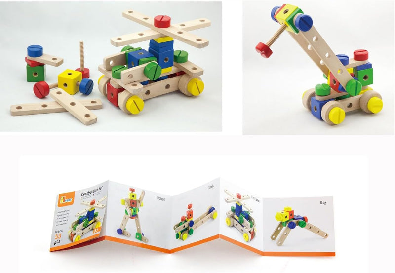 Viga Toys Wooden Construction Set 53pcs Building Kit Motor Skills Developmental Toys School Range 3yrs+