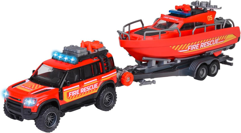 Majorette Land Rover Fire Rescue Vehicle with Boat Metal Travel Toys Car Gift Idea for 3yrs+
