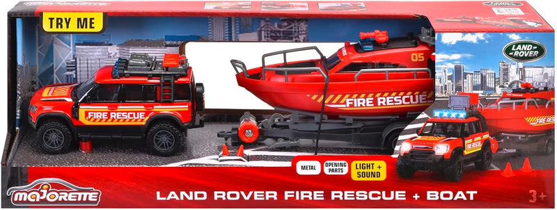Majorette Land Rover Fire Rescue Vehicle with Boat Metal Travel Toys Car Gift Idea for 3yrs+