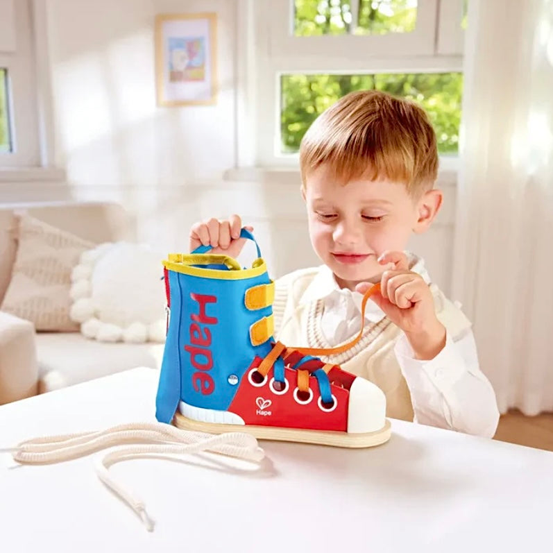 Hape Wooden Tie-It Lacing Sneaker 4 Fastening Types Montessori Practical Life Materials 3yrs+