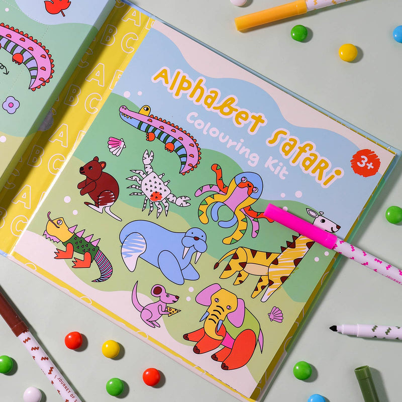 Alphabet Safari Colouring Activity Kit with 8 Markers and 32 Colouring Pages by Journey Of Something Art and Craft for Kids Travel Toys Early Literacy 3yrs+