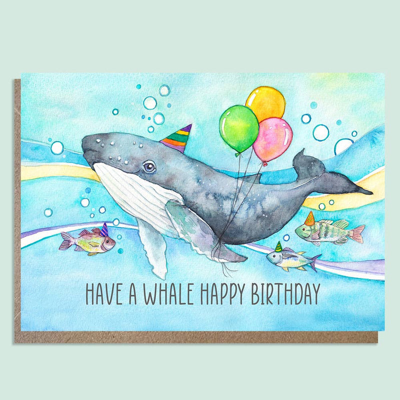 Whale Birthday Card Have A Whale Happy Birthday by Watercolour By Cat