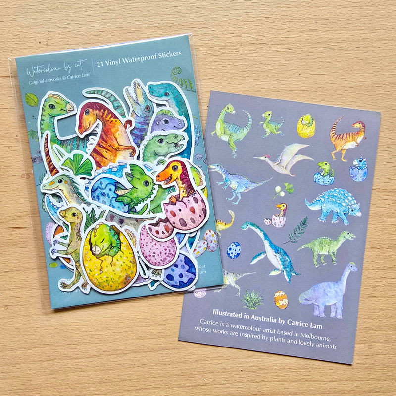 Australian Dinosaur Small Vinyl Waterproof Sticker 21pcs FULL pack by Watercolour By Cat Original Artworks