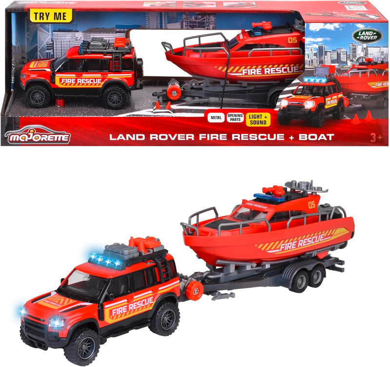 Majorette Land Rover Fire Rescue Vehicle with Boat Metal Travel Toys Car Gift Idea for 3yrs+