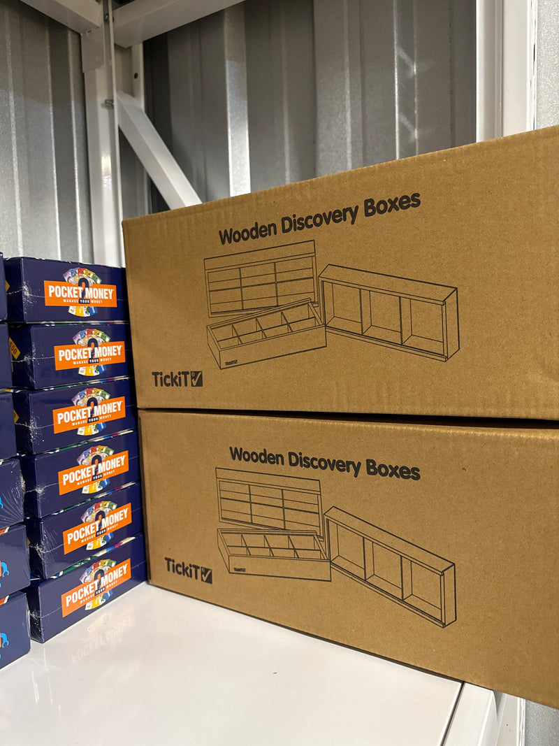 Wooden Discovery Boxes large 3pack 3,6 and 8 Compartment Sorting and Display With Clear Lid By Tickit 3yrs+