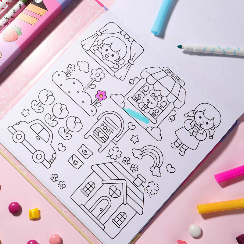 Kawaii Club Colouring Activity Kit with 8 Markers and 32 Colouring Pages by Journey Of Something Art and Craft for Kids Travel Toys Fairy Unicorn Castle Theme 3yrs+