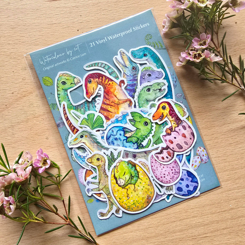Australian Dinosaur Small Vinyl Waterproof Sticker 21pcs FULL pack by Watercolour By Cat Original Artworks