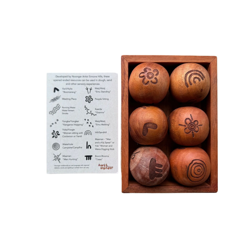Aboriginal Symbol Playdough Rolling Balls 6pcs by Simone Hills Australiana Indigenous First Nation Resources School Range 3yrs+