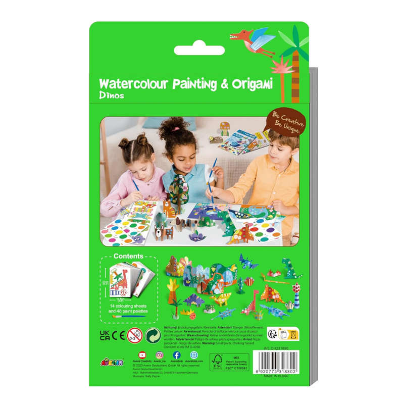 Avenir Watercolour Painting & Origami Set Dinos Interactive Activity Travel Toys Art and Craft for Kids 3yrs+