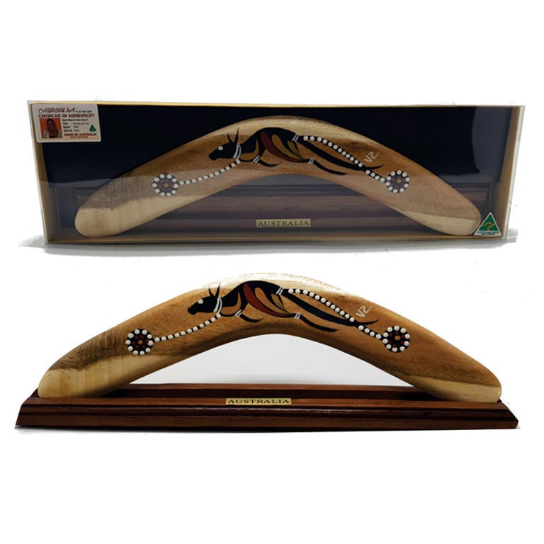 Indigenous Boomerang 35cm with Stand by Memories of Australia Musical Instruments for Kids