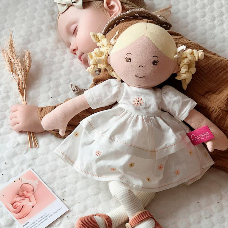 Bonikka Dolls Priscy with Blonde Hair & White Linen Dress Baby Toddler Plush Toys Baby Gifts Idea 0m+
