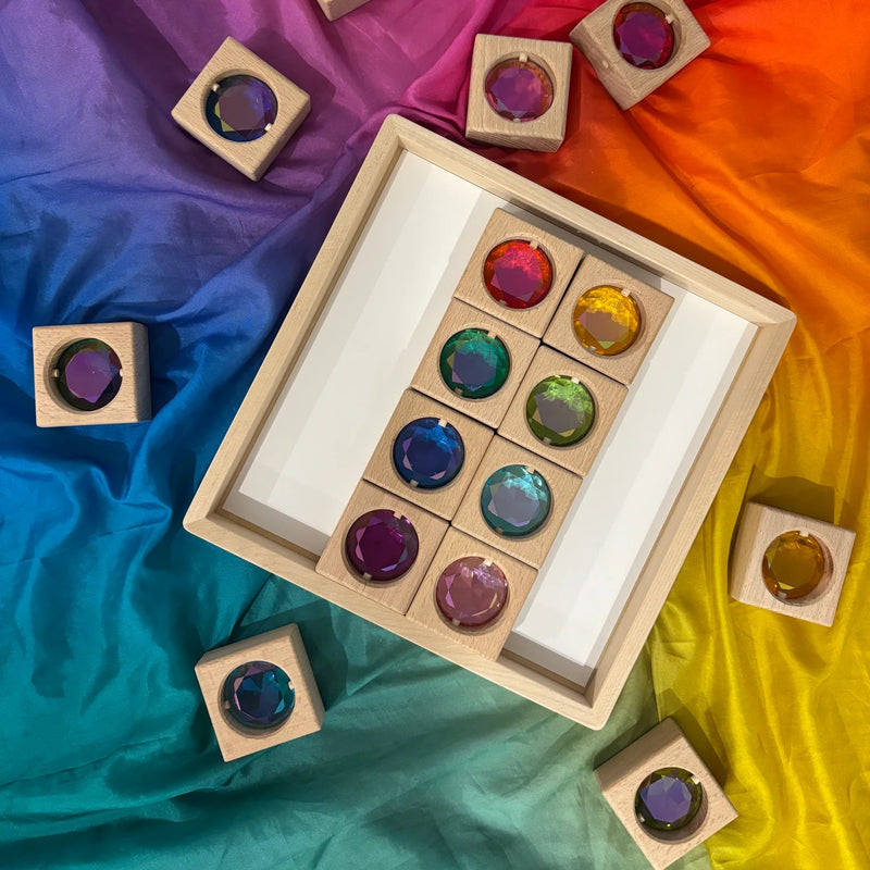 My Little Creator Double Sided Rainbow Gem Blocks Set 8 Colours 16pcs with Tray Building Blocks Wooden Toys Gift Idea for 18m+