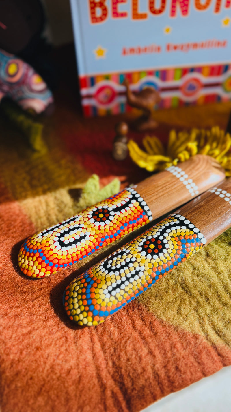 Handpainted Traditional Music Clap Sticks Dot Art Set of 2 by Memories of Australia Musical Instruments for Kids First Nation Resource School Range