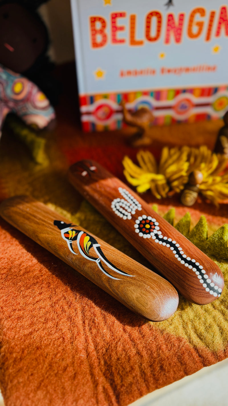 Handpainted Traditional Music Clap Sticks double sided Set of 2 by Memories of Australia Musical Instruments for Kids First National Resources School Range