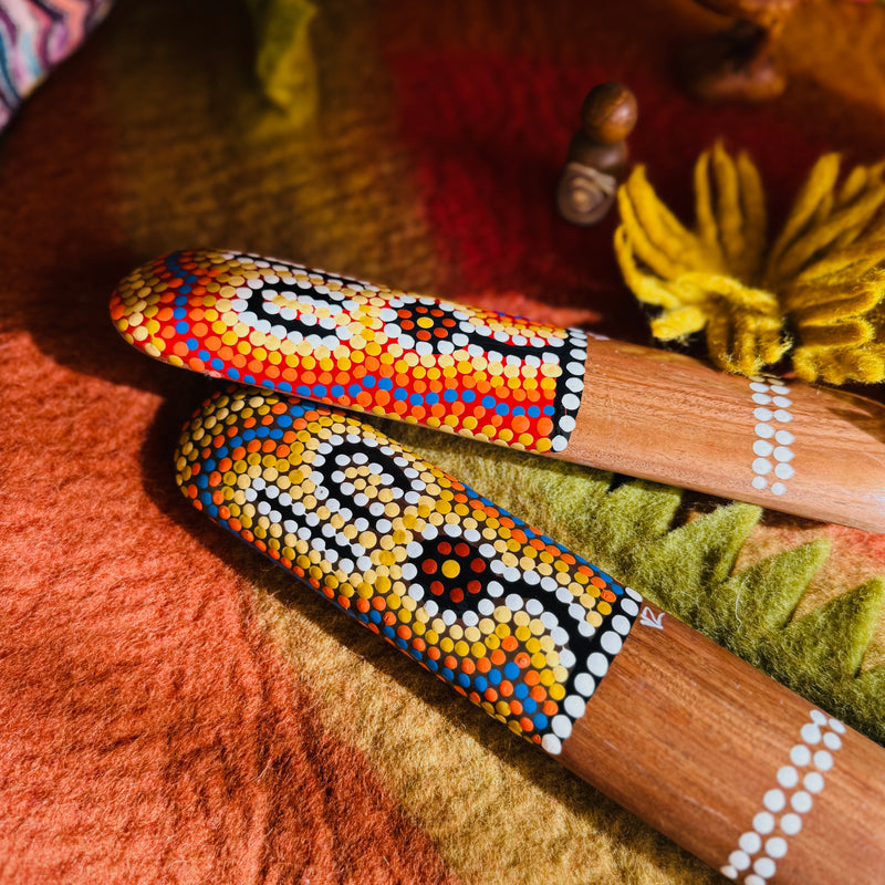 Handpainted Traditional Music Clap Sticks Dot Art Set of 2 by Memories of Australia Musical Instruments for Kids First Nation Resource School Range