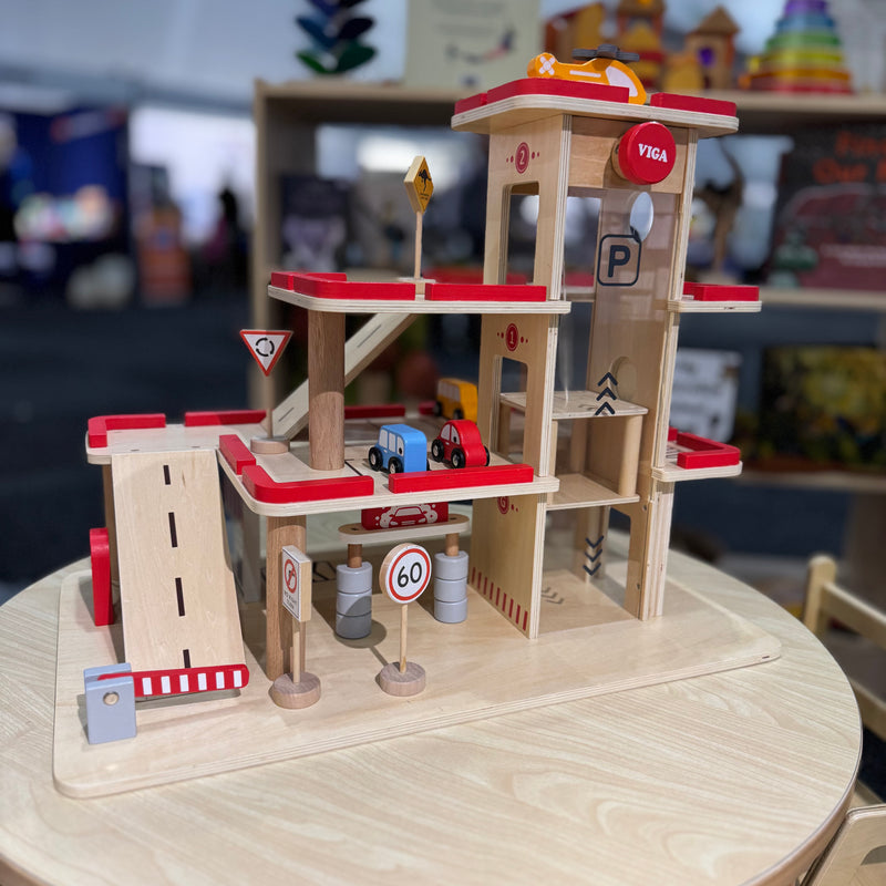 Viga Toys Wooden Multi Level Parking Garage and Gas Station Wooden Toys Car Garage 3yrs+ (Bulky Shipping)